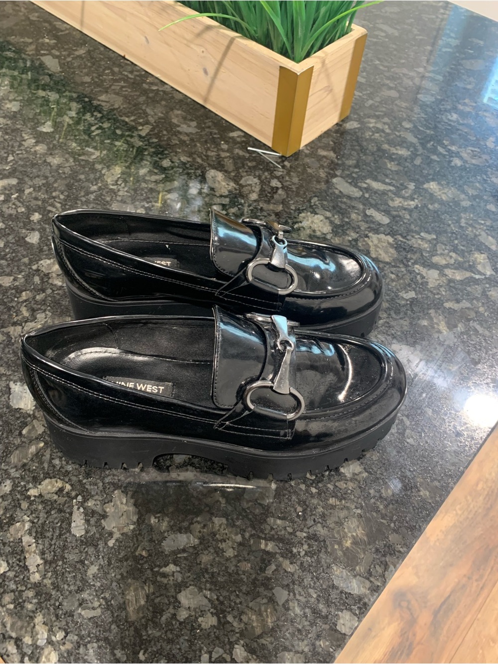 Nine West Black Patent Loafers with Silver Bit Accent